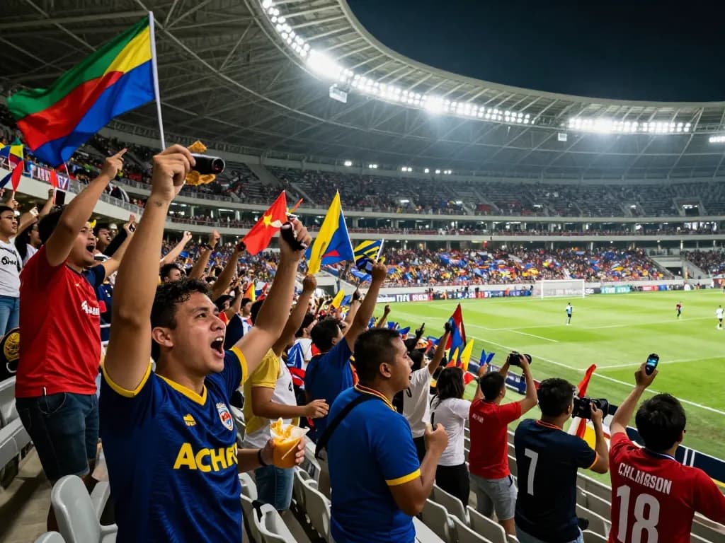 Cà Khịa TV fans celebrating a live soccer match at a vibrant stadium.