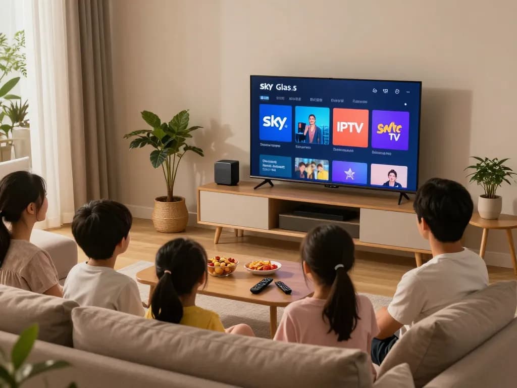 Family enjoying streaming shows with Sky Glass IPTV Subscription in a cozy living room.