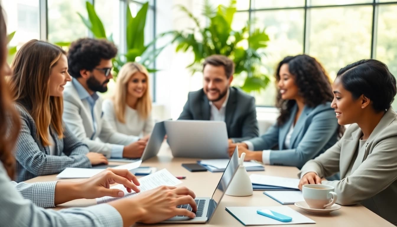 Individuals collaborating on the eta uk application form in a modern office setting.