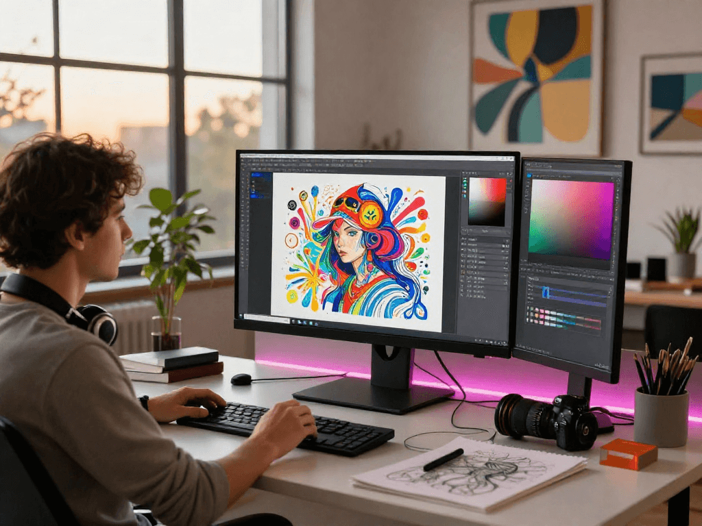 Creative workspace showing artist crafting AI NSFW digital art