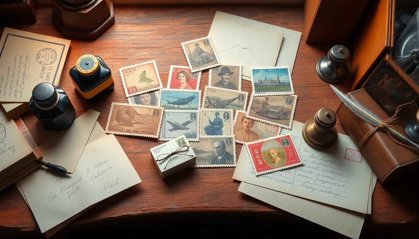 Discover cheap large letter stamps showcased on a vintage postal desk surrounded by classic props.