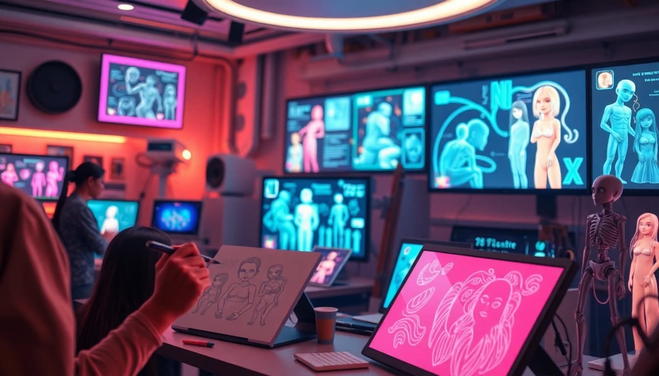 Interactive scene showcasing character ai nsfw development in a vibrant digital studio.