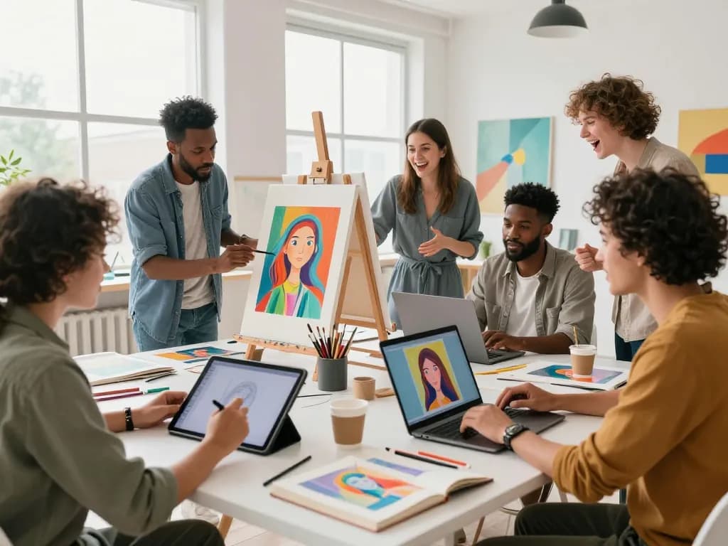 Generate image to prompt for AI art with diverse artists collaborating in a vibrant studio.