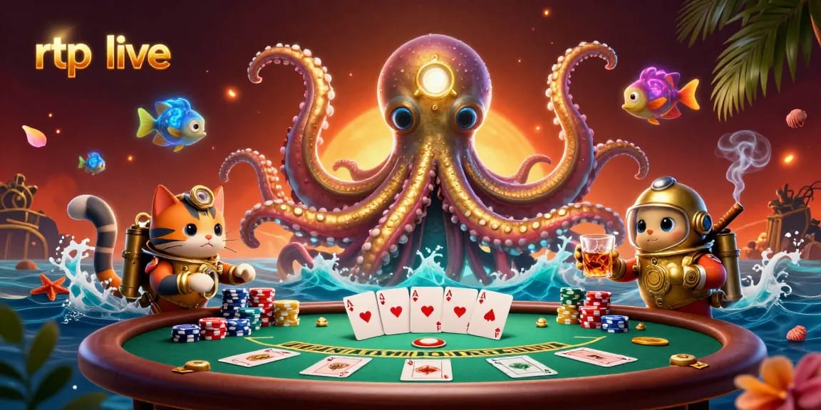 Experience rtp live with a vibrant 3D scene featuring a kraken and poker elements amidst stunning visuals.