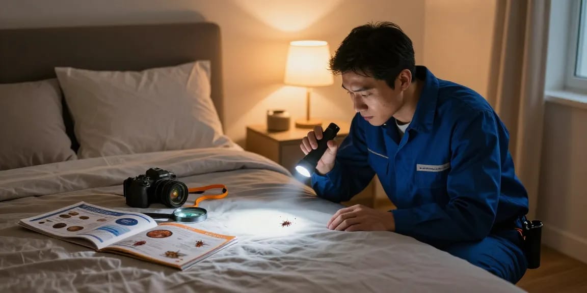 Bed bug pest control expert inspecting bed during treatment in a cozy bedroom