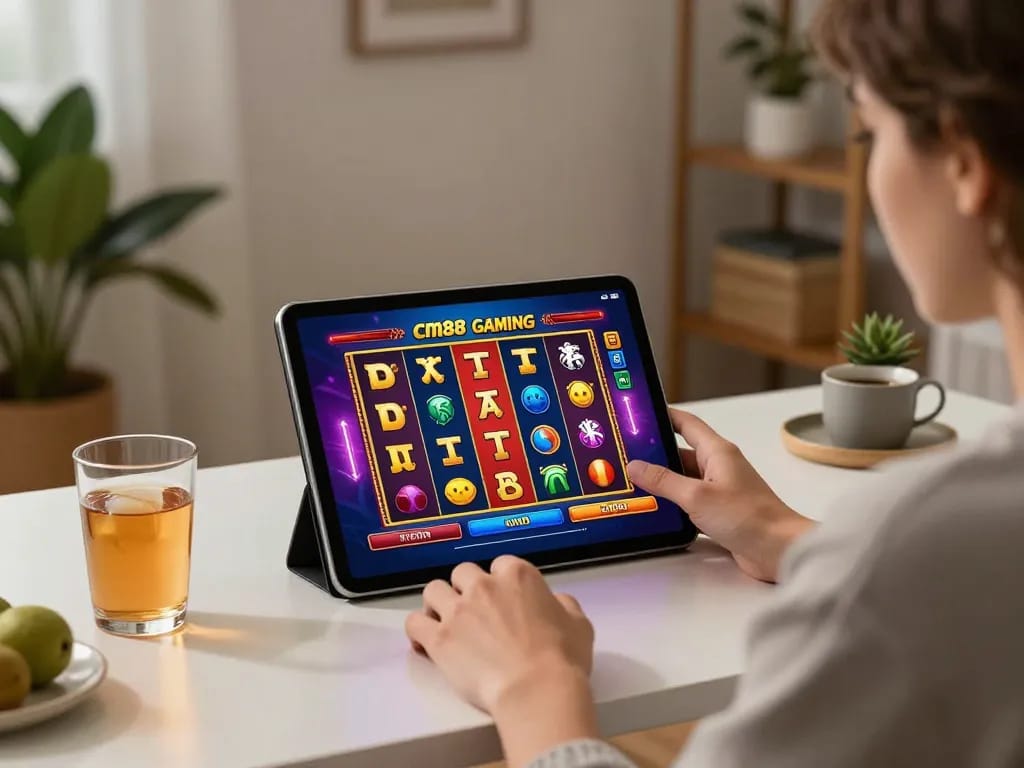 Engaged user exploring cm88 online casino slot games on a tablet in a cozy home setting.