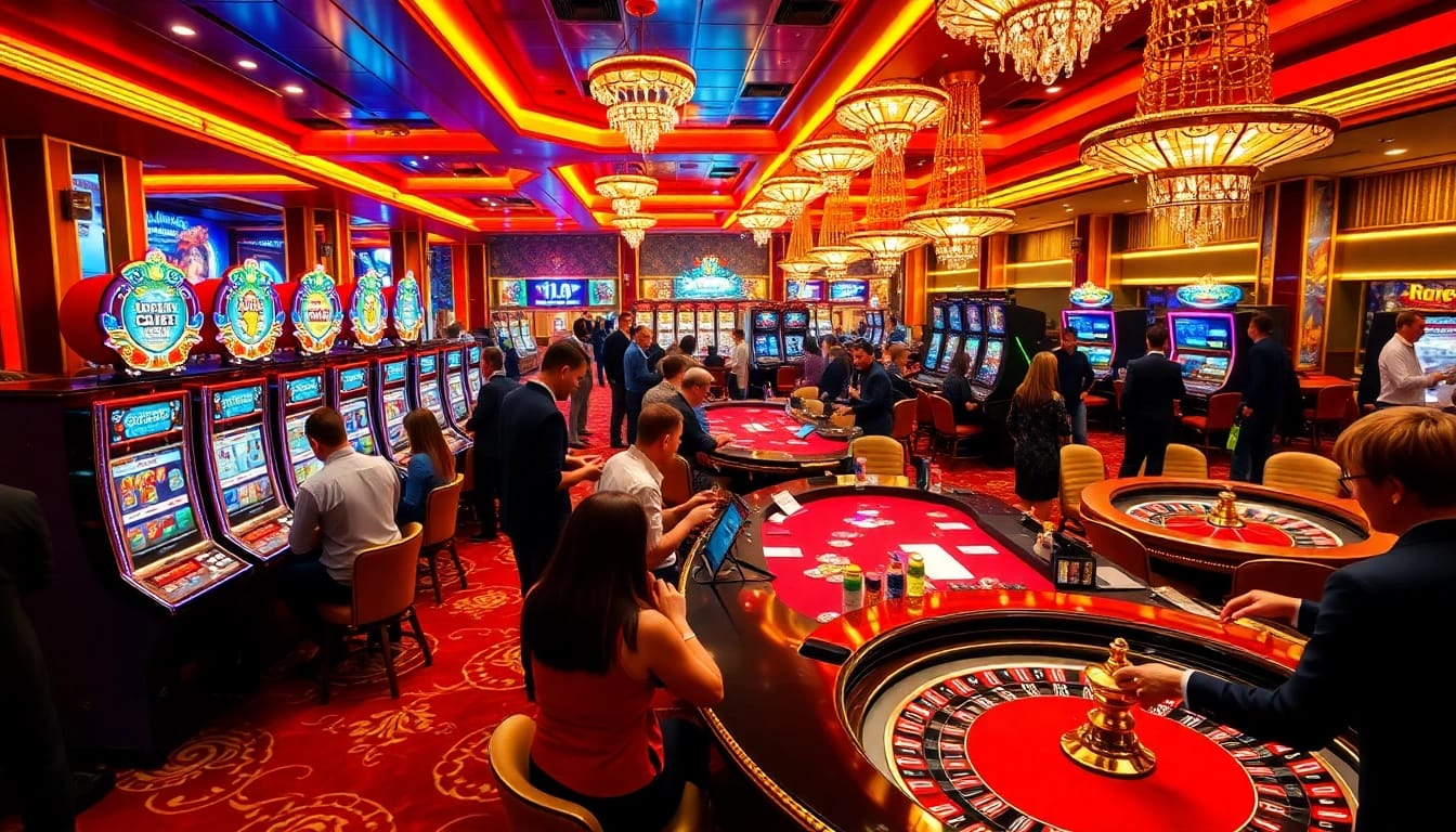 Engaging gamblers at a luxurious casino scene featuring five88 slot machines and poker tables.