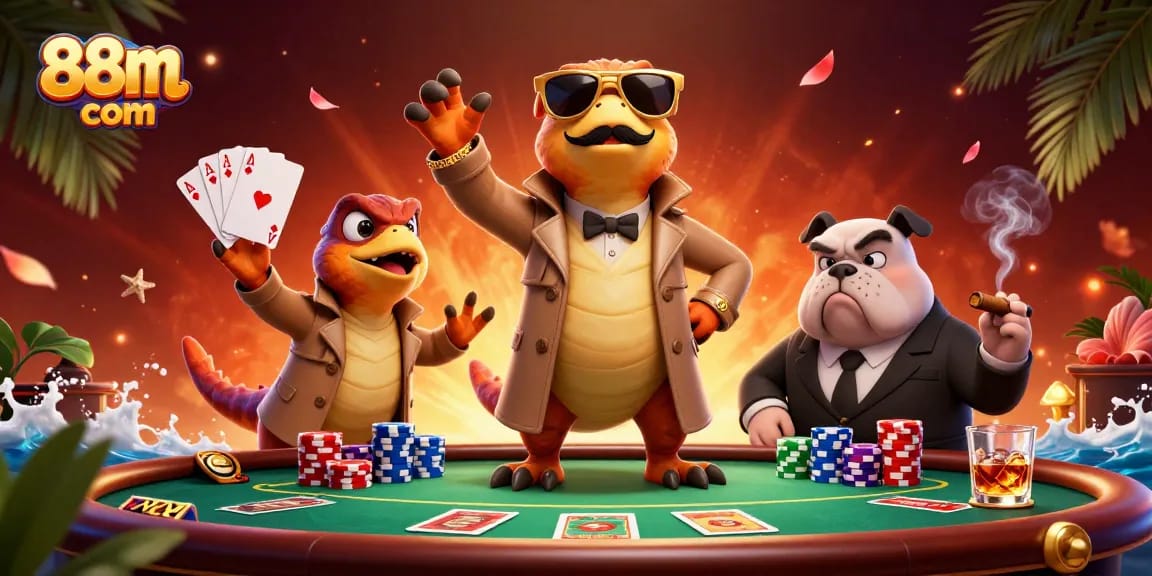 Experience thrilling poker action like never before at 88m com, featuring quirky characters and vibrant casino elements.