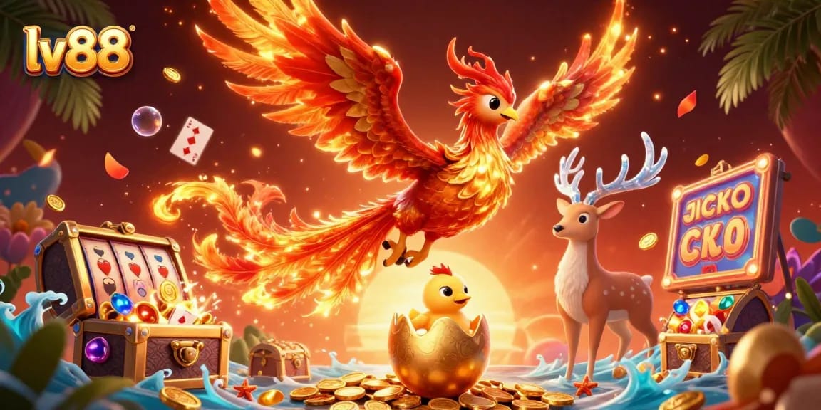Engage with lv88's vibrant slot games as the fire phoenix and its chick soar above dazzling treasures.