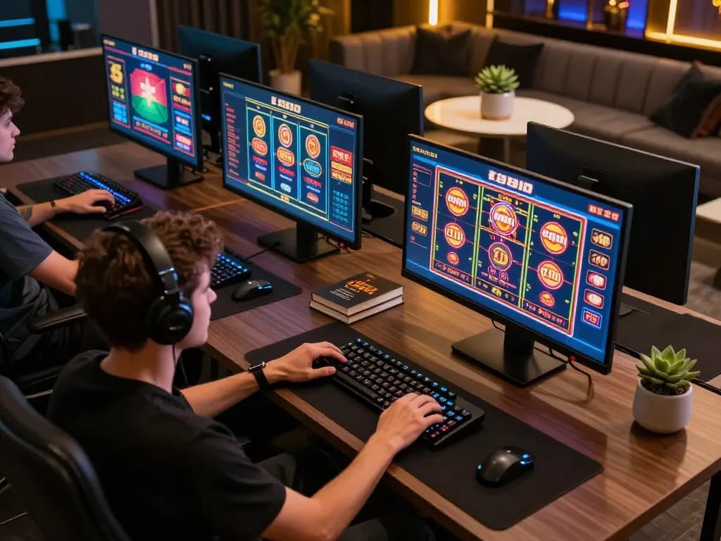 Engaging in strategic gameplay on E2BET’s online casino platform with multiple screens displaying various games.
