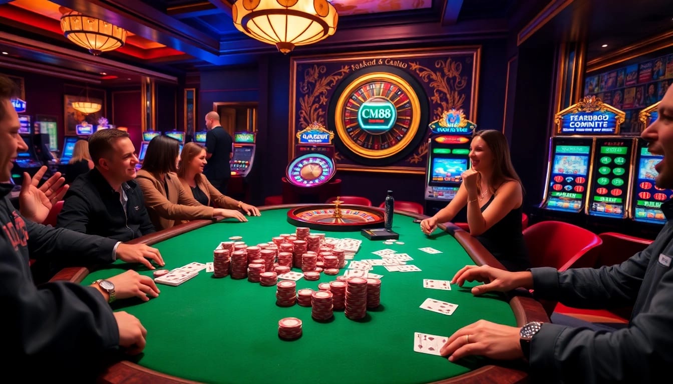 Gamblers enjoying a thrilling poker game at CM88 casino with vibrant decor.
