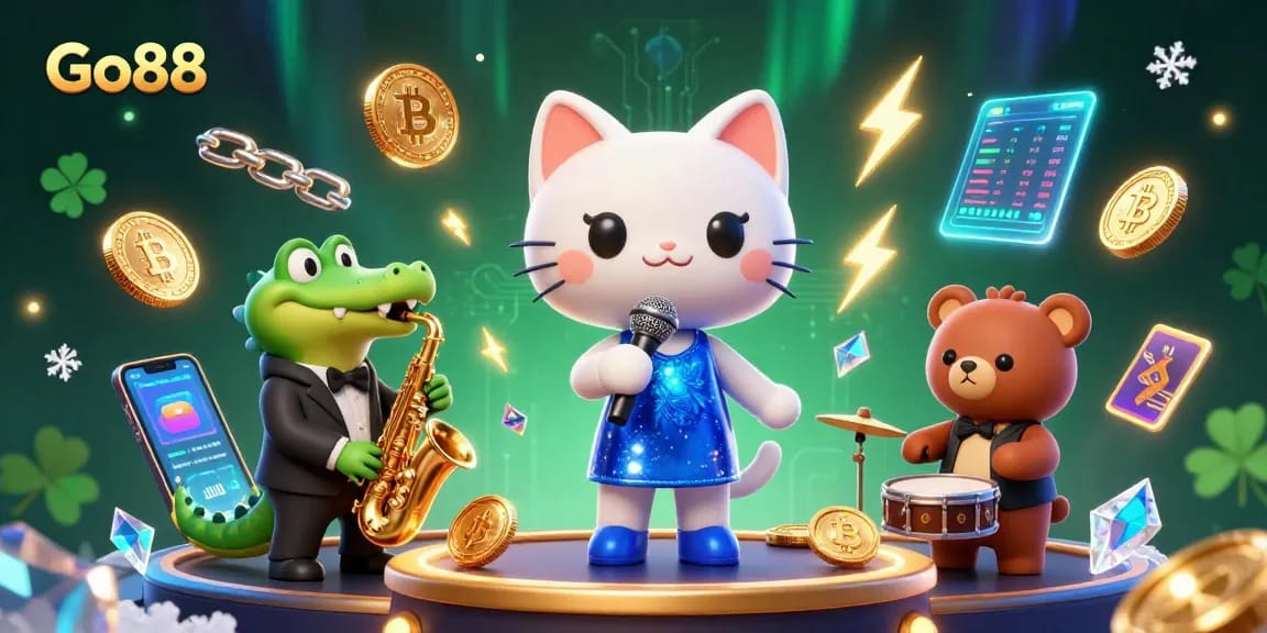 Experience fun with Go88 as a jazz-singer cat entertains at a vibrant casino stage, showcasing exciting crypto elements.