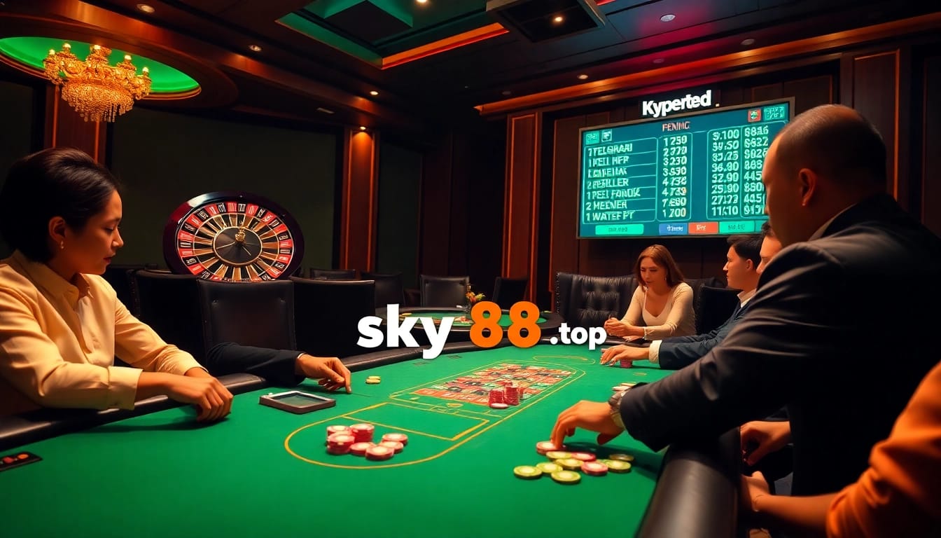 Players engage in high-stakes poker at sky88.top casino, with vibrant chips and a spinning roulette wheel.