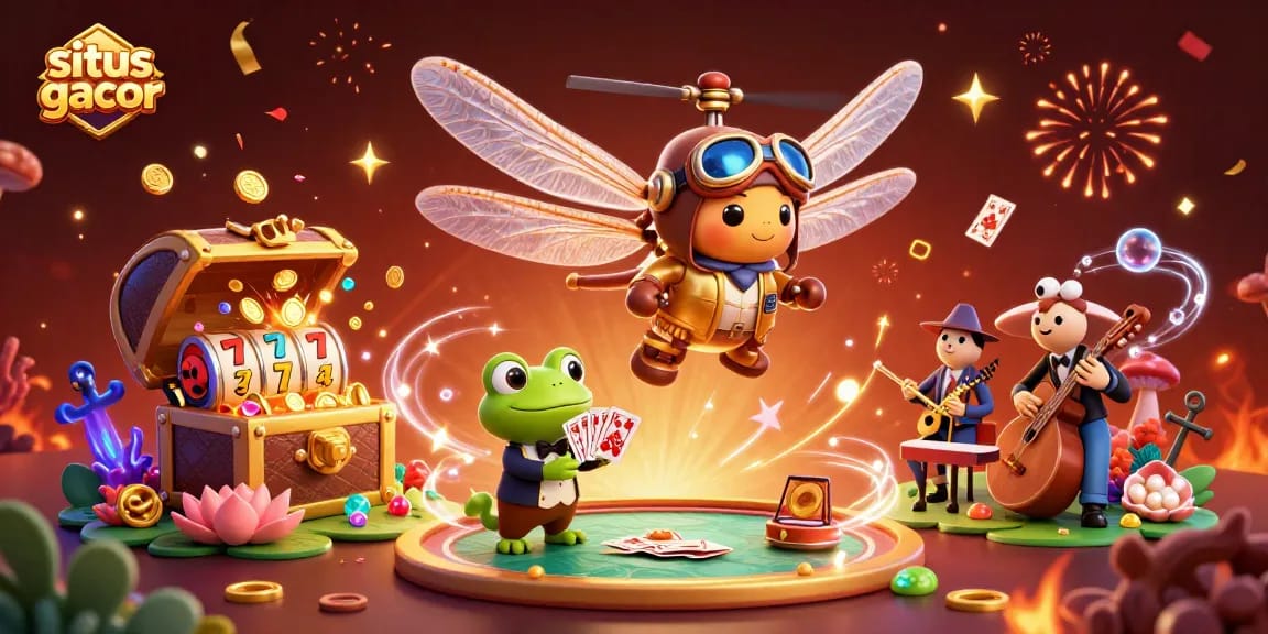 Experience winning thrills with situs gacor showcasing a cartoon dragonfly pilot and frog croupier in vibrant casino scene.