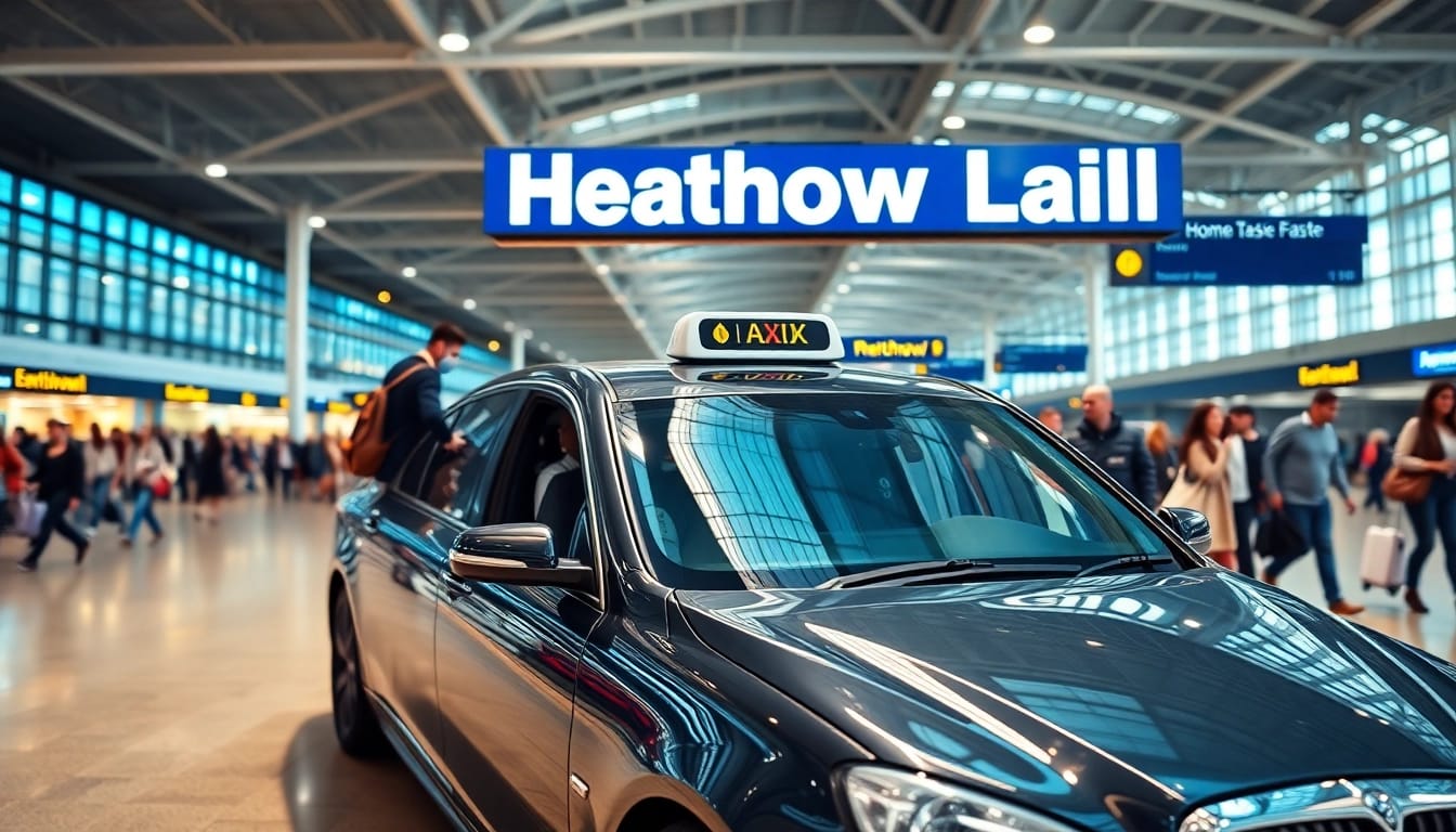 Passengers loading their luggage into a taxi at Heathrow airport terminal.