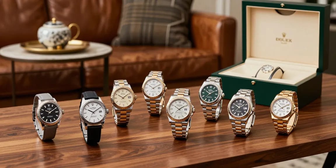 Super clone watches collection on a polished table, showcasing luxury craftsmanship and elegance.
