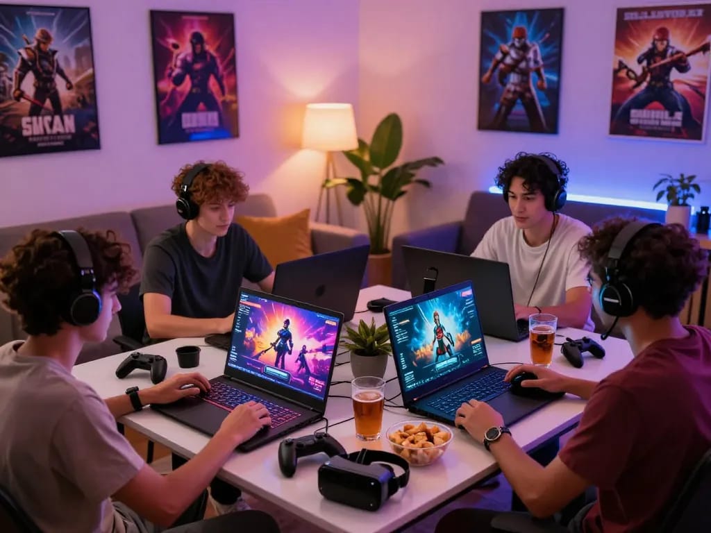 Engaged players enjoying real porn games on laptops in a vibrant gaming setup.