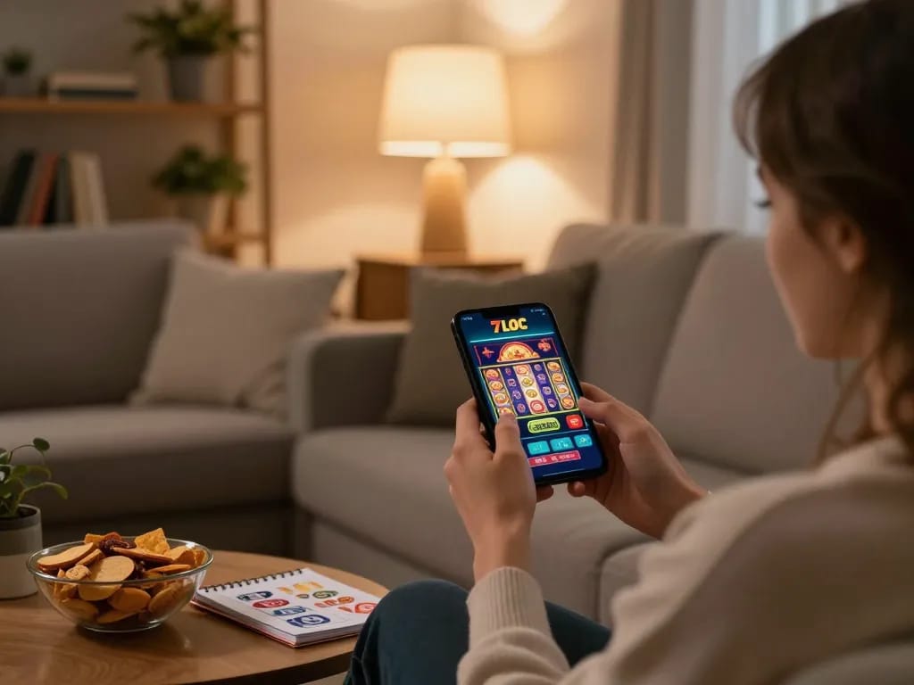 Person enjoying mobile gaming on the 77LOC app, showcasing a relaxed home environment with engaging snacks.