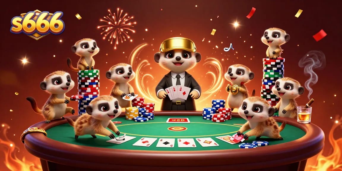 Engage in thrilling games at s666 casino with meerkats running card operations and colorful chips