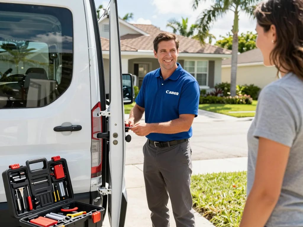 Locksmith in Vero Beach unlocking a house door with professional tools and friendly service.