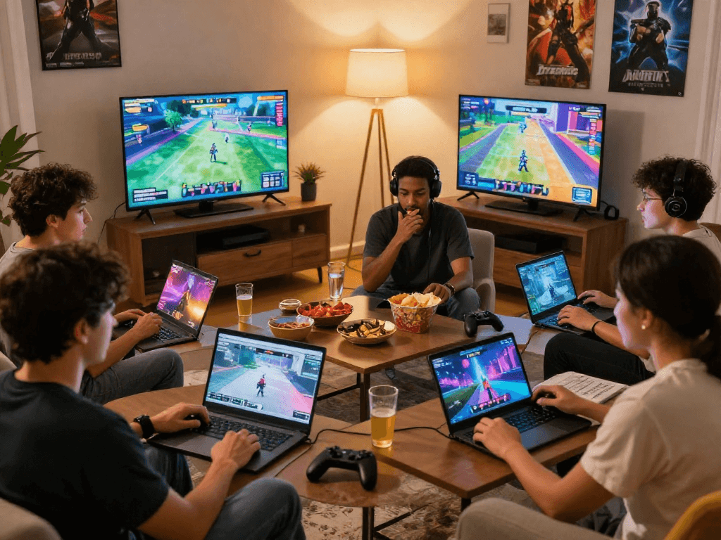 Group enjoying real porn games in a cozy living room with vibrant game graphics.