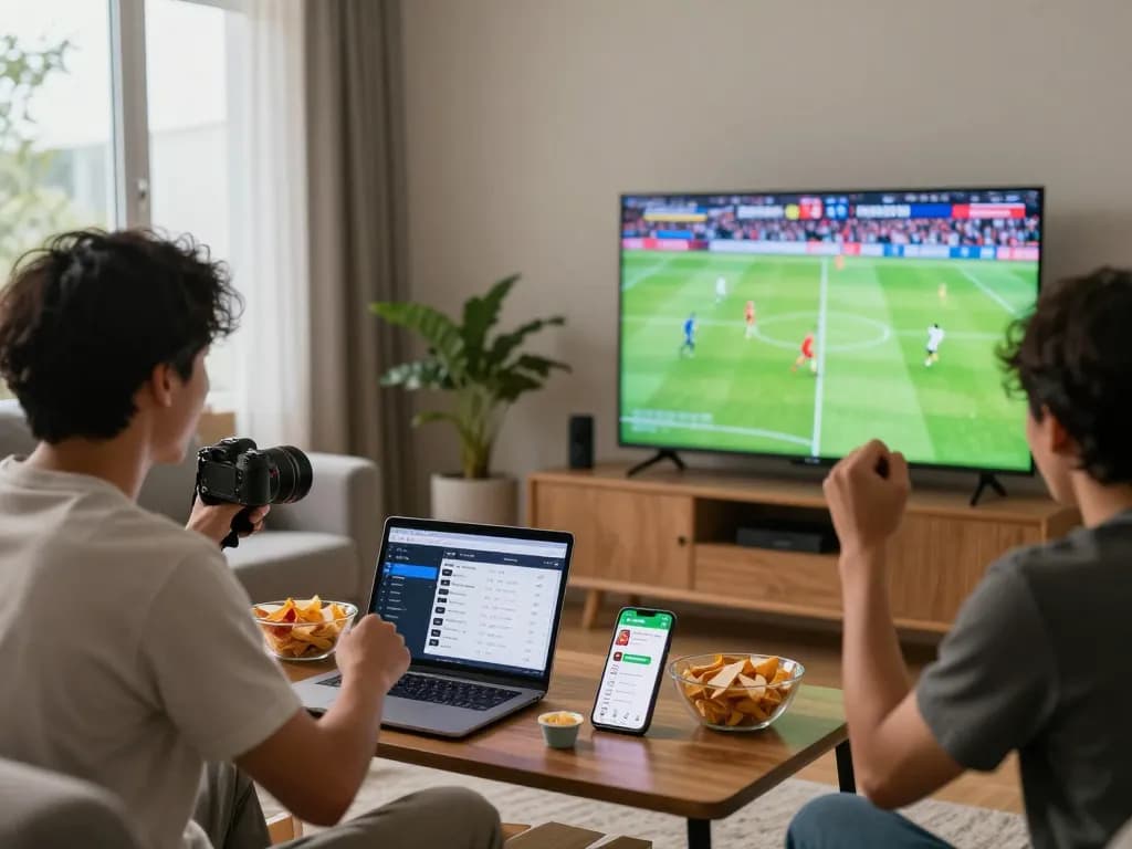 Excited fans enjoying a football match via LuongSon TV on a large screen in their cozy living room.