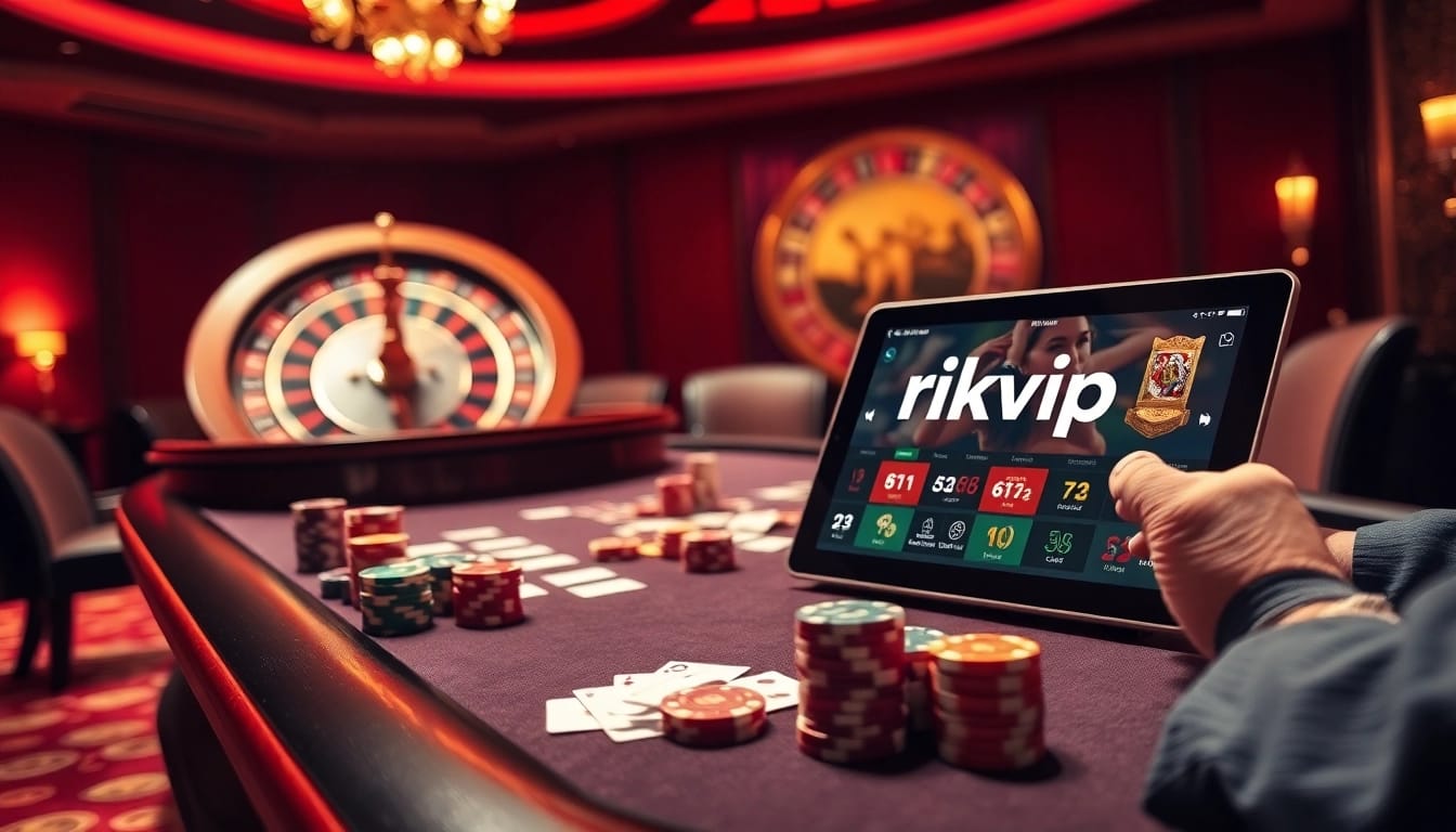 Engaging players at the rikvip online casino table, showcasing vibrant poker chips and roulette.