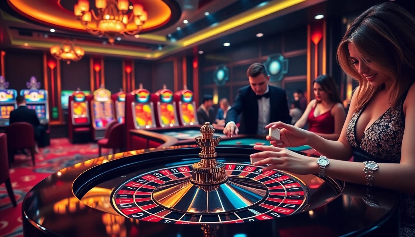 Excited players engage in high-stakes gambling with 88i poker chips at a glamorous casino roulette table.