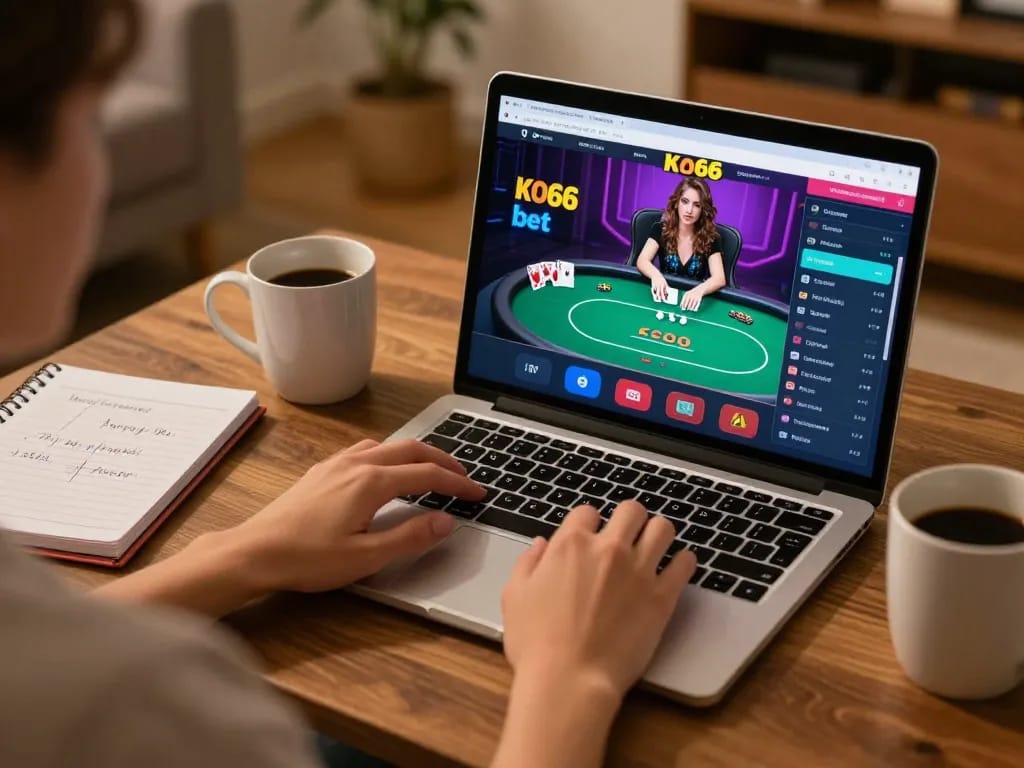 Engaged player enjoying KO66 bet online poker experience on laptop with strategic notes.