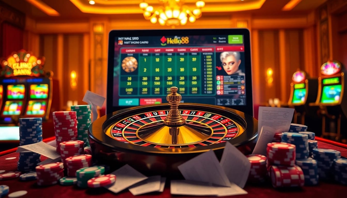 Experience the thrill of gambling at trang chủ hello88 with vibrant poker chips and a luxurious roulette wheel.
