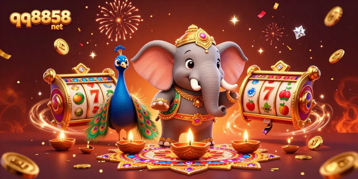 Join the excitement of gaming with qq8858 net, showcasing vibrant slot machines and festive characters.