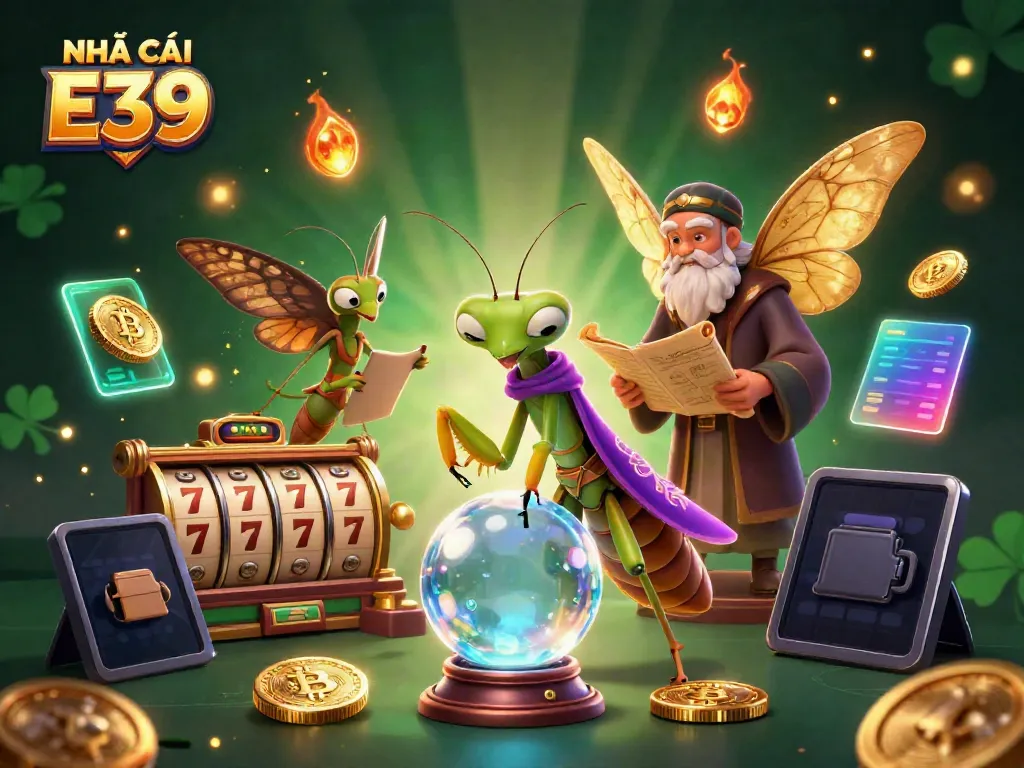 Play games at NHÀ CÁI E39 with slots, jackpots, and glowing cryptocurrency elements in a vibrant scene.