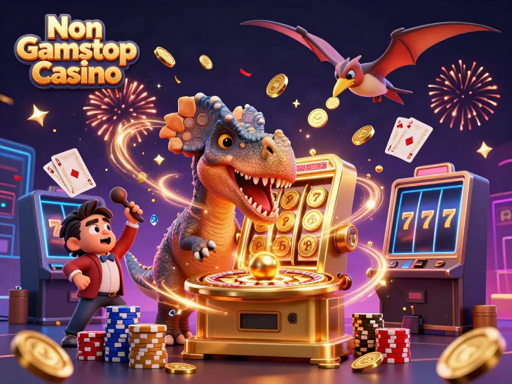 Exciting 3D cartoon scene at a Non Gamstop Casino with dinosaurs celebrating jackpot wins.