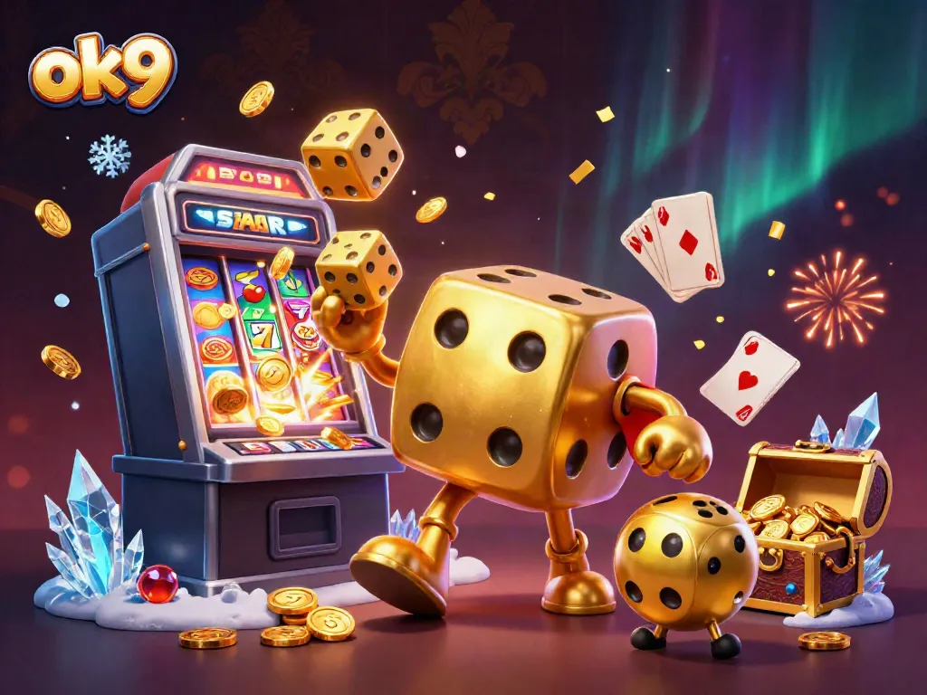 Experience the excitement of ok9 with a dynamic 3D illustration featuring joyful casino elements.