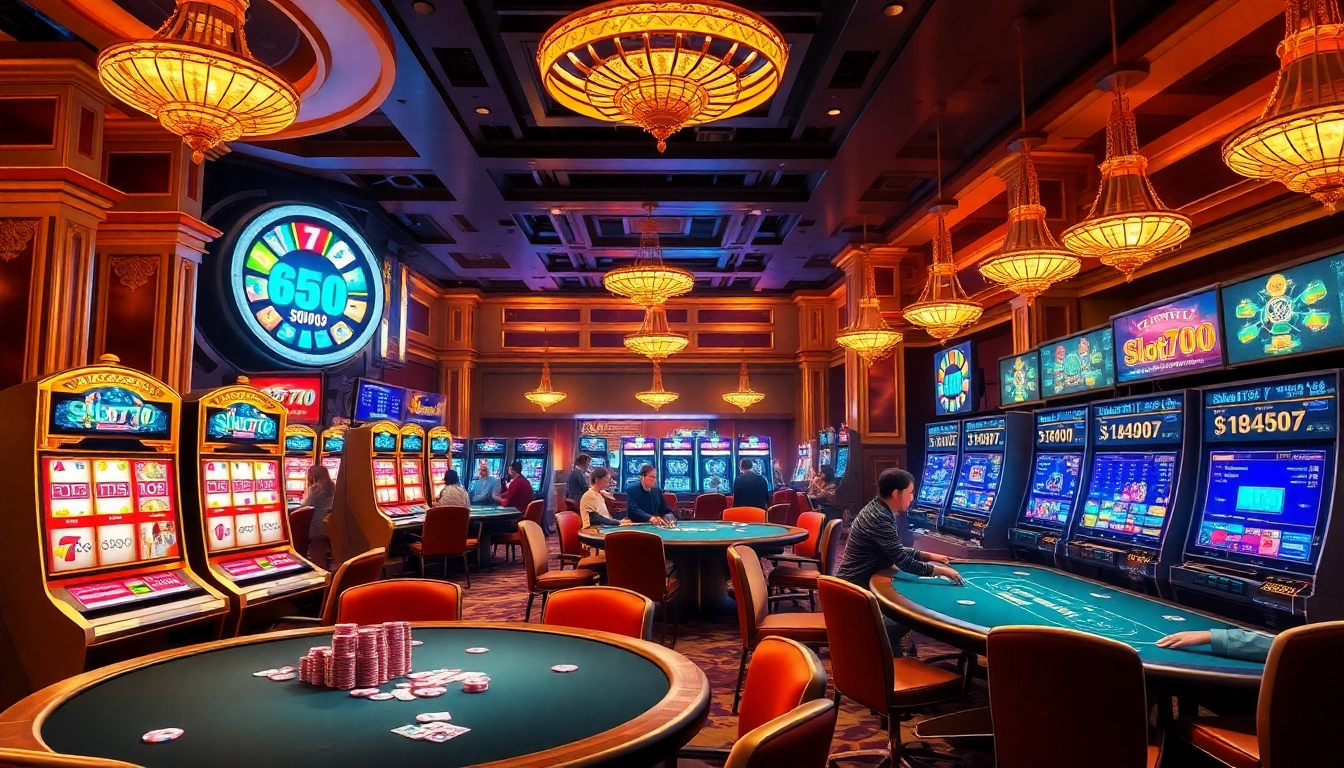 Experience the thrill of Slot777 at a luxurious casino with vibrant slot machines and excited players.