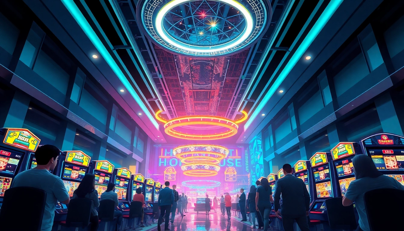 "Explore new technology in a futuristic casino environment showcasing advanced gaming machines."