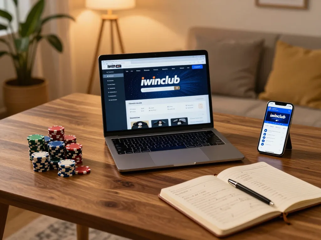 iwinclub laptop displaying poker game while strategizing with notes