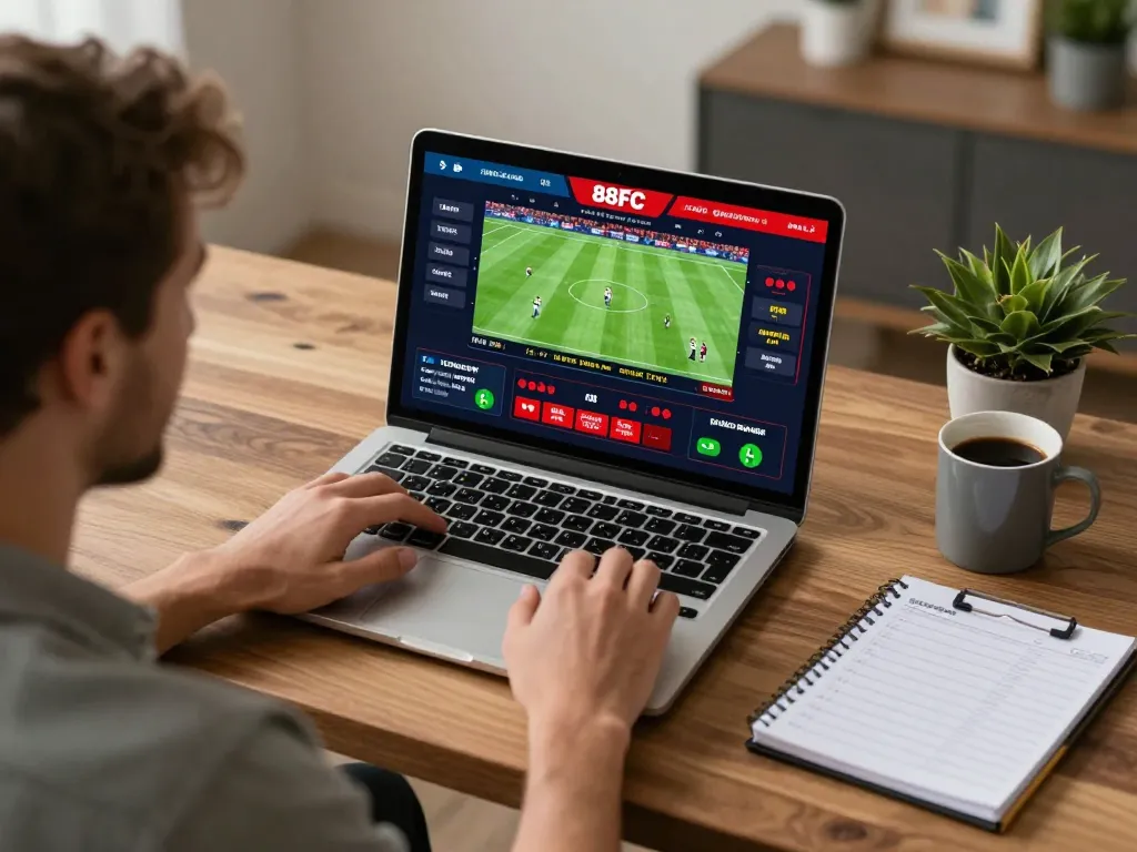 Player engaging with live betting at 88FC online casino in a stylish home office setting