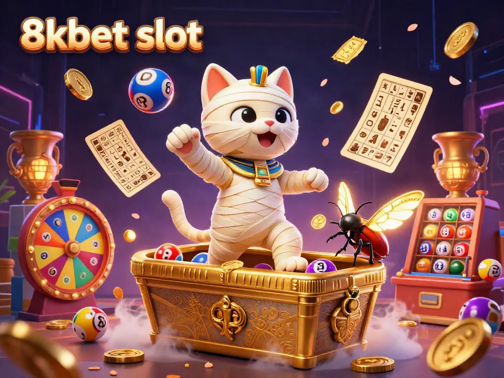 Experience the excitement of 8xbet slot in this vibrant casino scene featuring a mummy cat and golden elements.