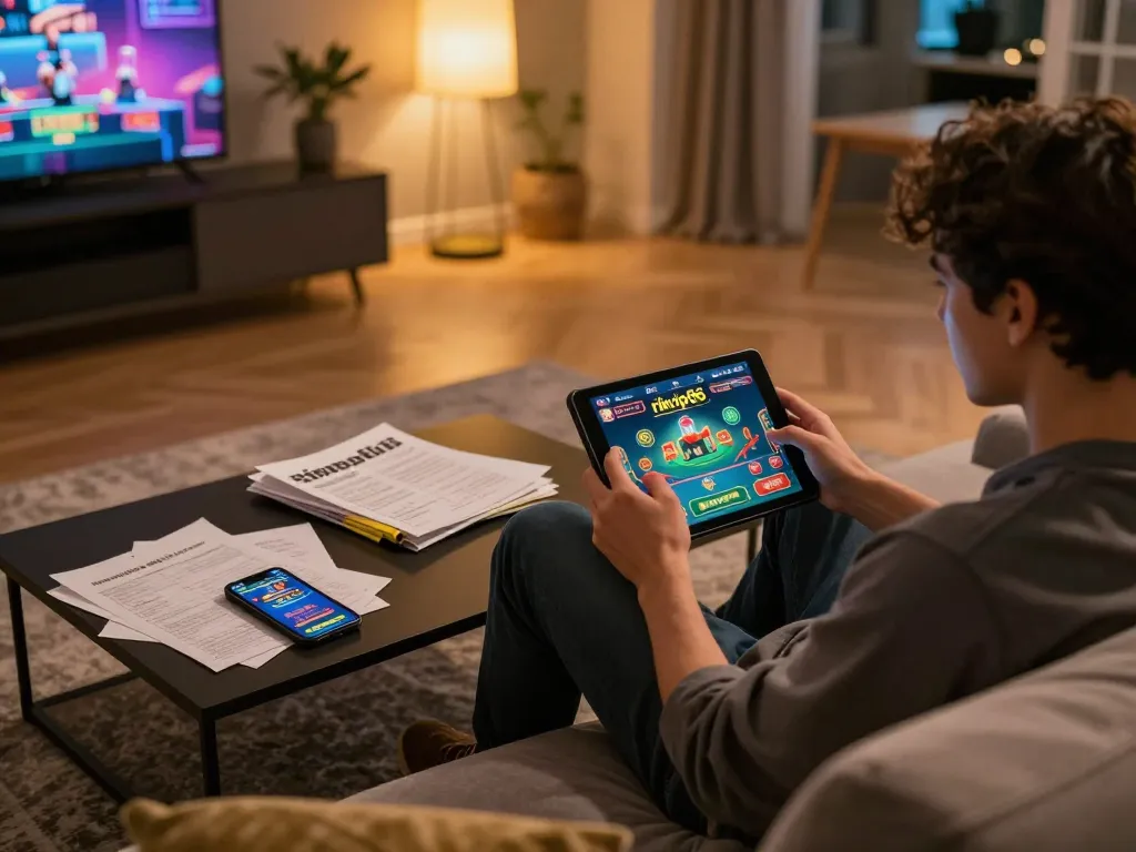 Engaging player utilizing the rikvip86 app for online casino gaming in a cozy setting.