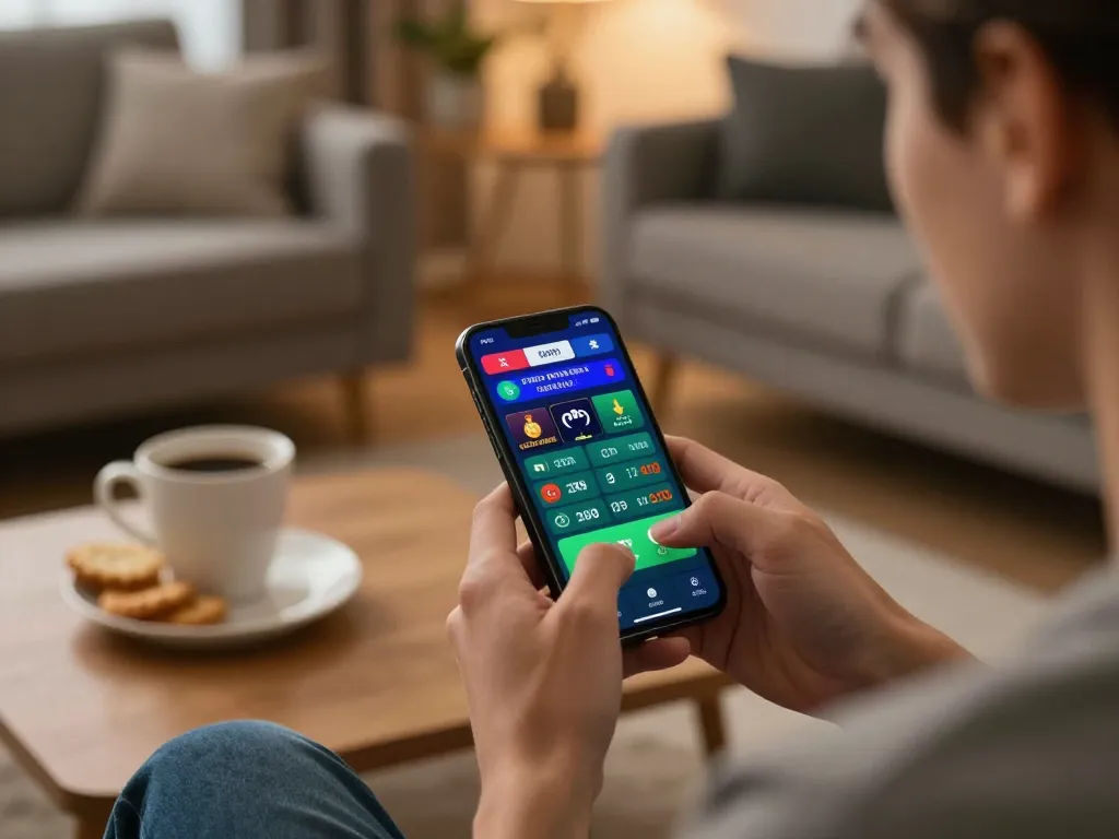 Engaged player uses the 678vip app for sports betting, showcasing excitement and strategic betting