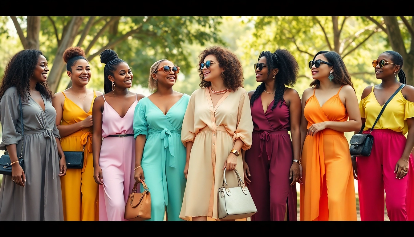 Stylish women in vibrant outfits celebrate Women Fashion outdoors, showcasing diverse styles.