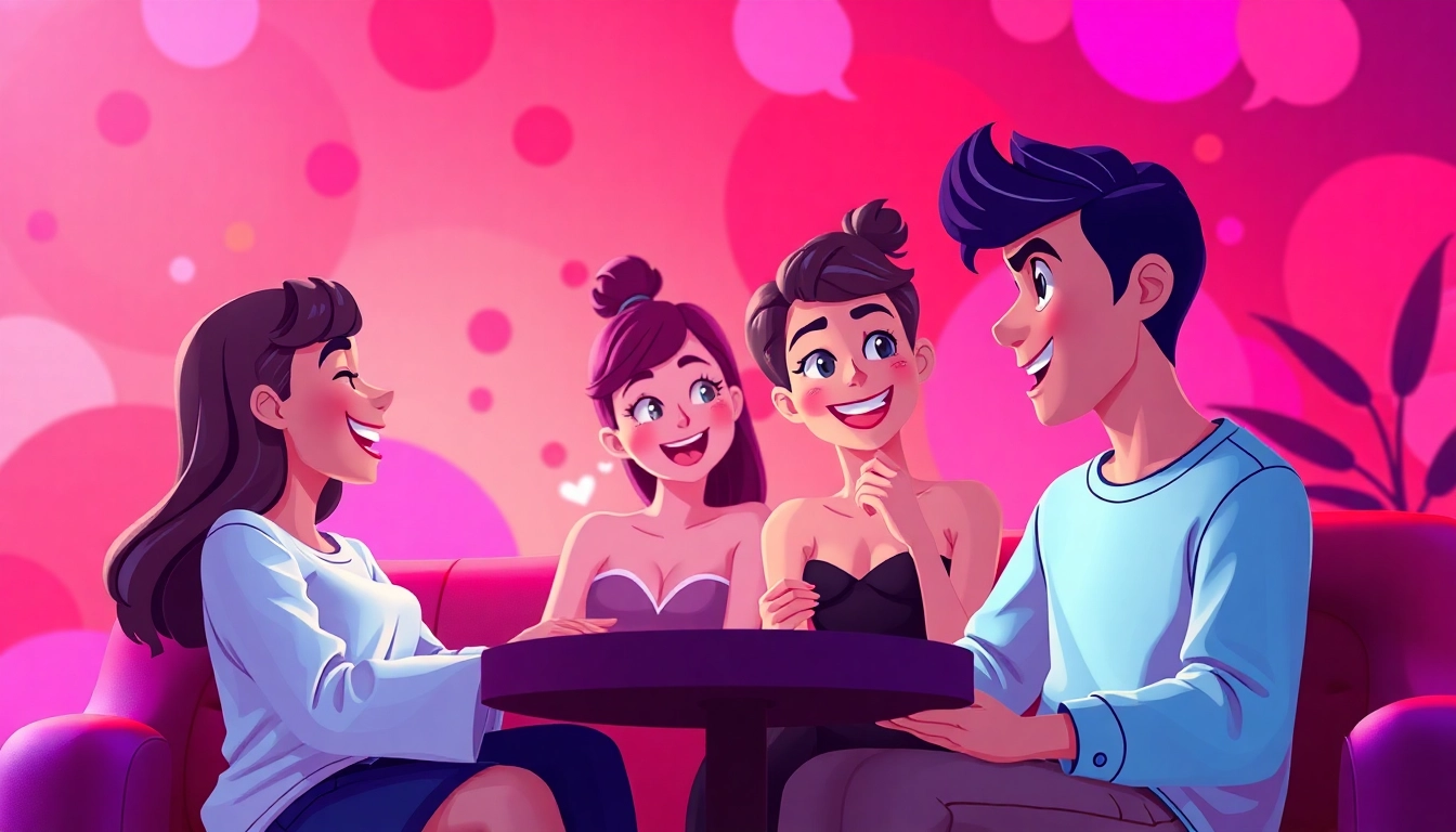 Engaging virtual characters in an energetic sexchat room, vibrant colors and playful atmosphere.