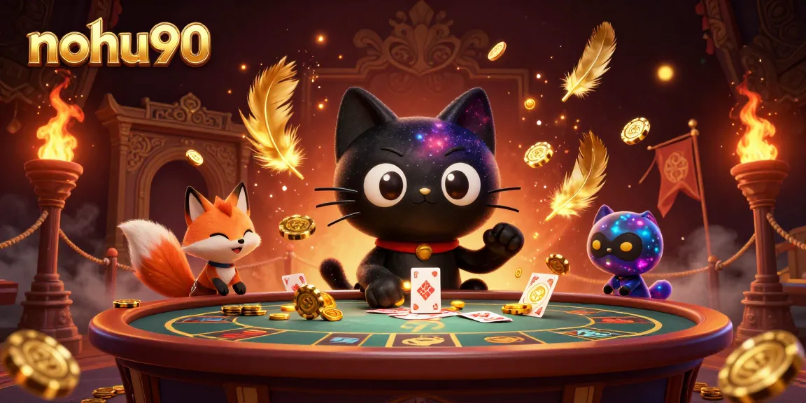 Engage with the rich world of nohu90, featuring a cosmic casino scene with a black hole cat and nebula fox.