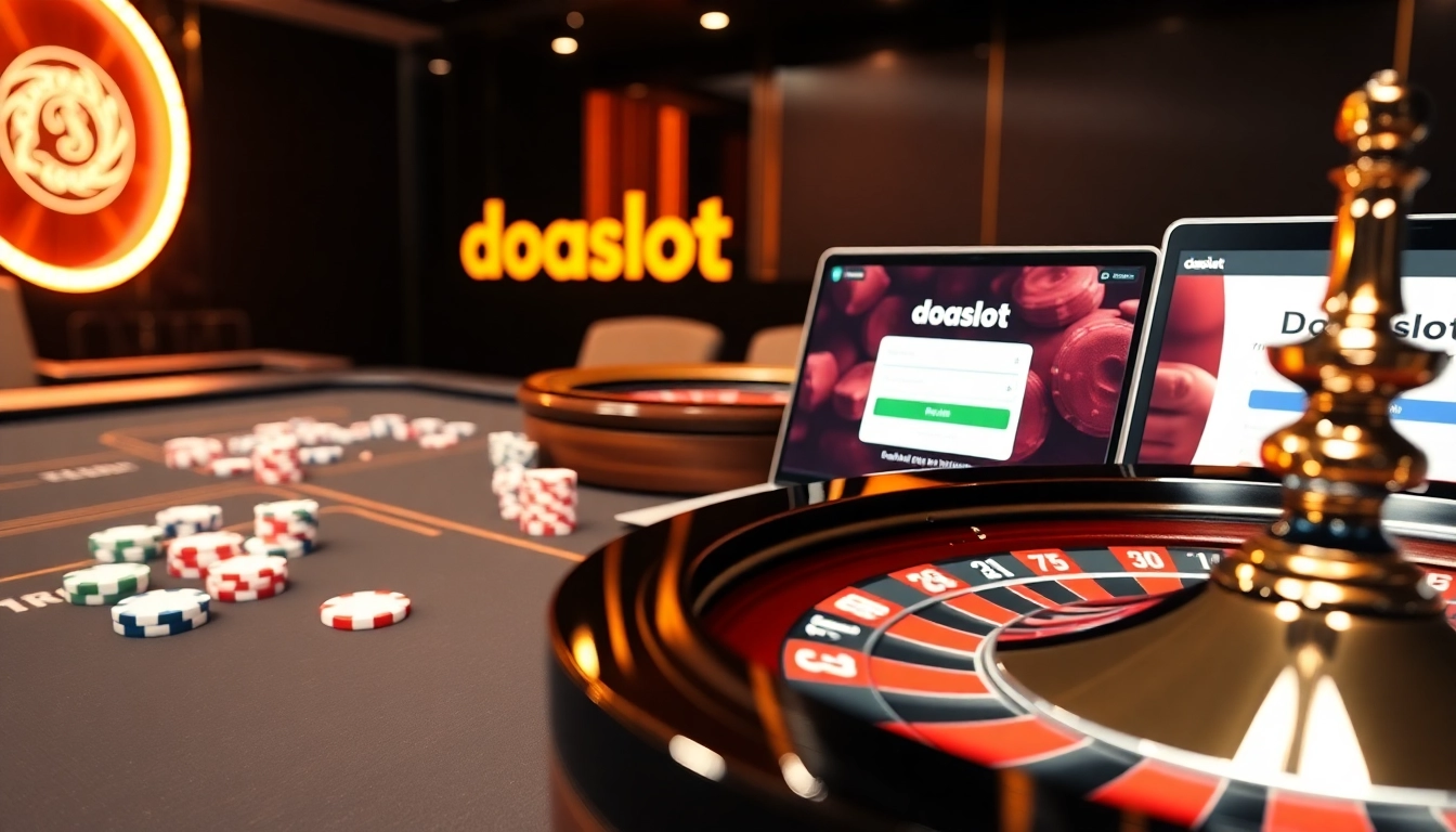 Engaging scene of online casino with doaslot login interface, showcasing poker chips and roulette wheel.
