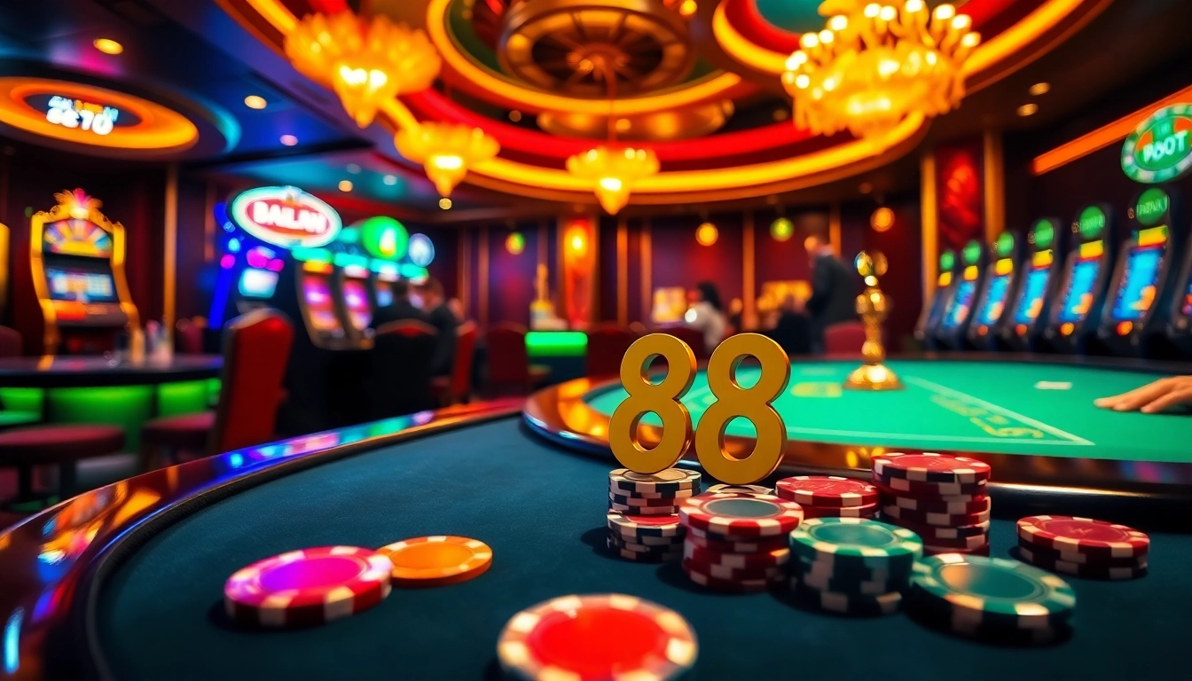 A lively casino atmosphere featuring poker players and roulette wheels, emphasizing the excitement of 88i gambling experiences.