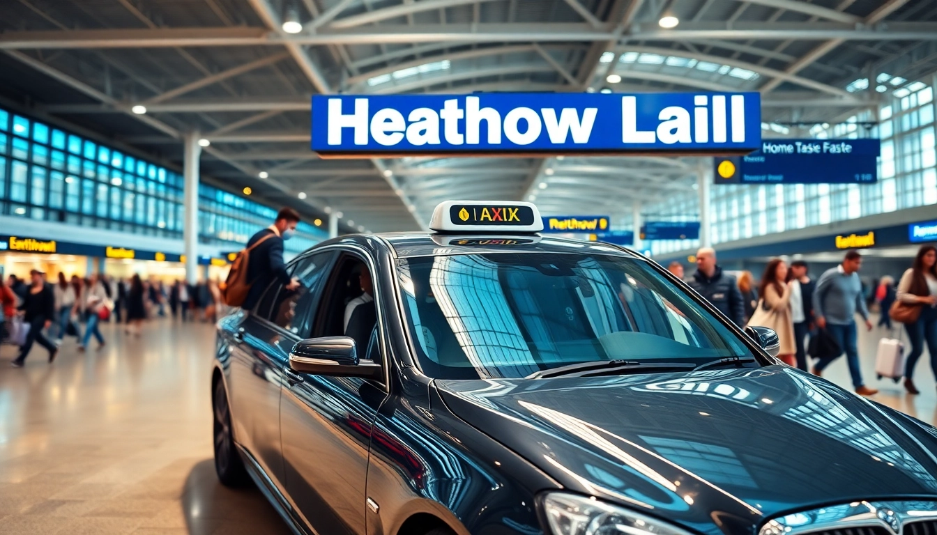 Passengers loading their luggage into a taxi at Heathrow airport terminal.