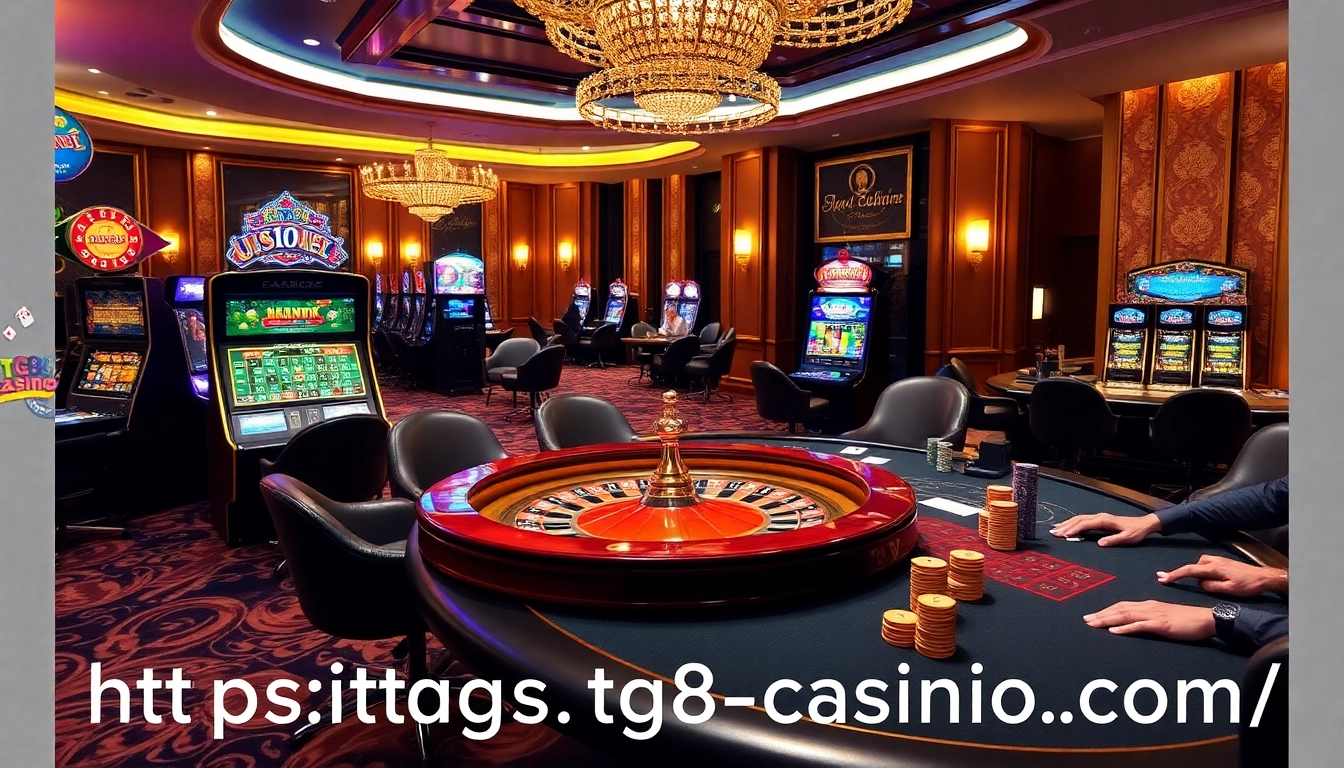 Exciting gaming atmosphere at https://tg88-casino.com/ with roulette wheels and poker tables.