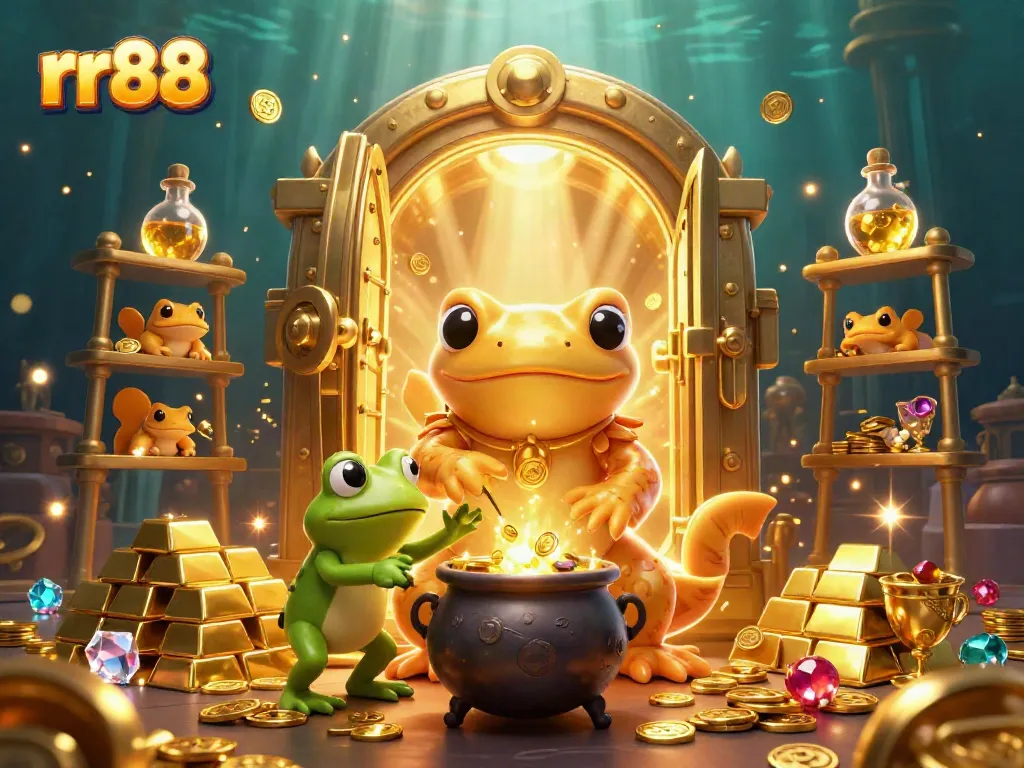 rr88 showcases a whimsical 3D illustration of a golden salamander alchemist and friends in a vibrant casino-themed laboratory, filled with treasures.