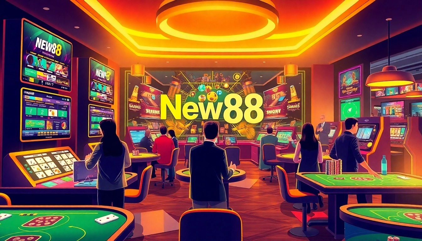 New88 online betting platform with players enjoying games and a vibrant casino atmosphere.